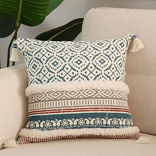 Modern Moroccan Pillow Case with Tassels Blue Accent Decor Large Pillowcase for Bedroom Living Room Car Hotel 22x22 Inch Boho Tufted Decorative Throw Pillow Covers for Couch Sofa 